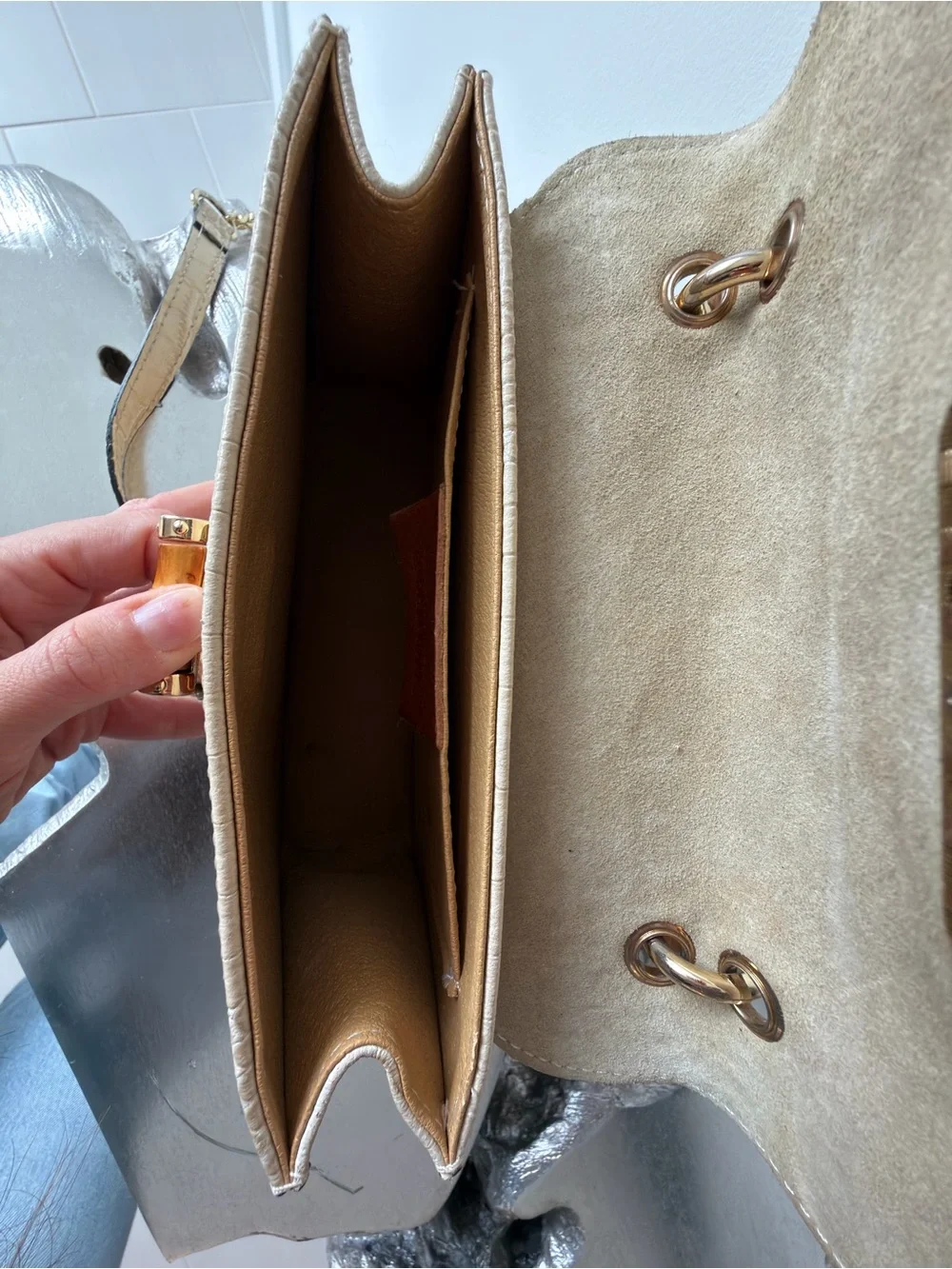 Leather Croc-Embossed Top-Handle Bag w/ Bamboo Accent | Made in Italy | Neutral